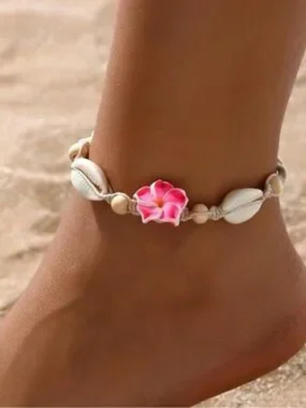 Anthropologie Cream Shell Anklet with Pink Flower Accent